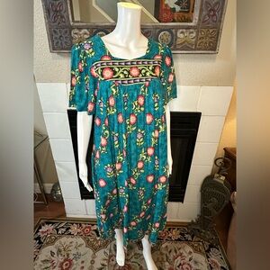 Vibrant Floral Maxi Dress in Teal and Pink Phases VTG 100% cotton